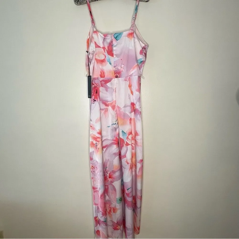 Nicole Miller Floral Dress Maxi Slip Long Sleeveless Satin Silky New Pink Small - Picture 9 of 14